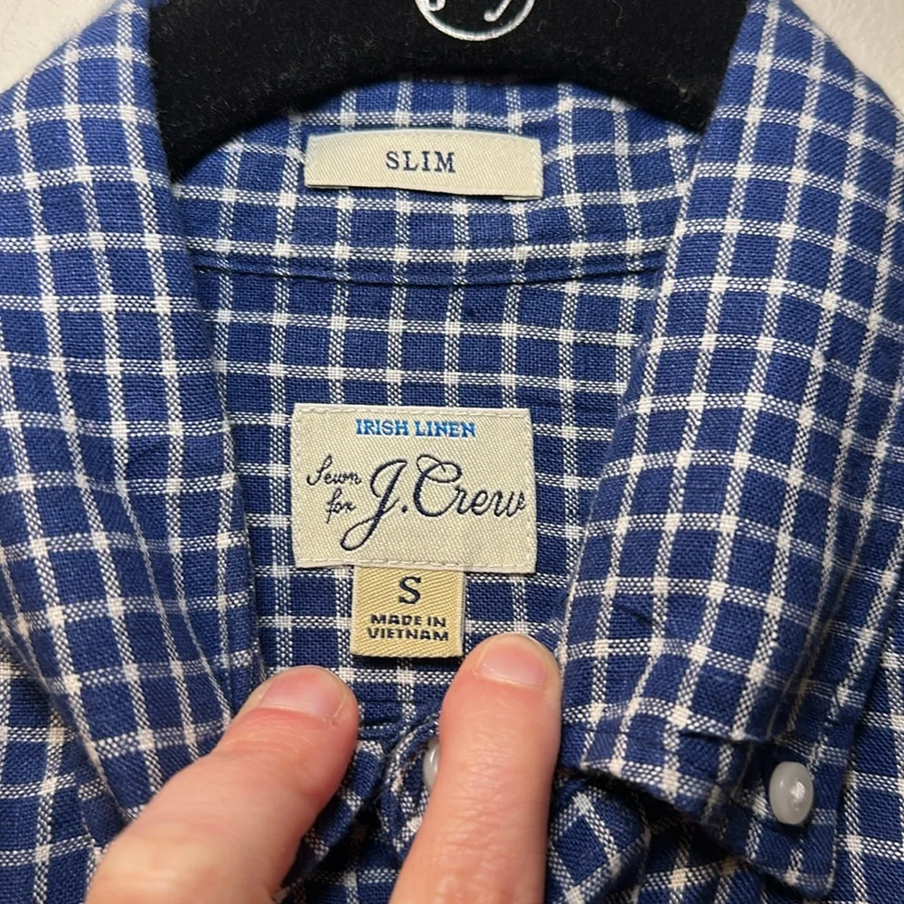 J. Crew Men’s Blue Checkered Slim Long Sleeve Irish Linen Button Down Shirt Sz S